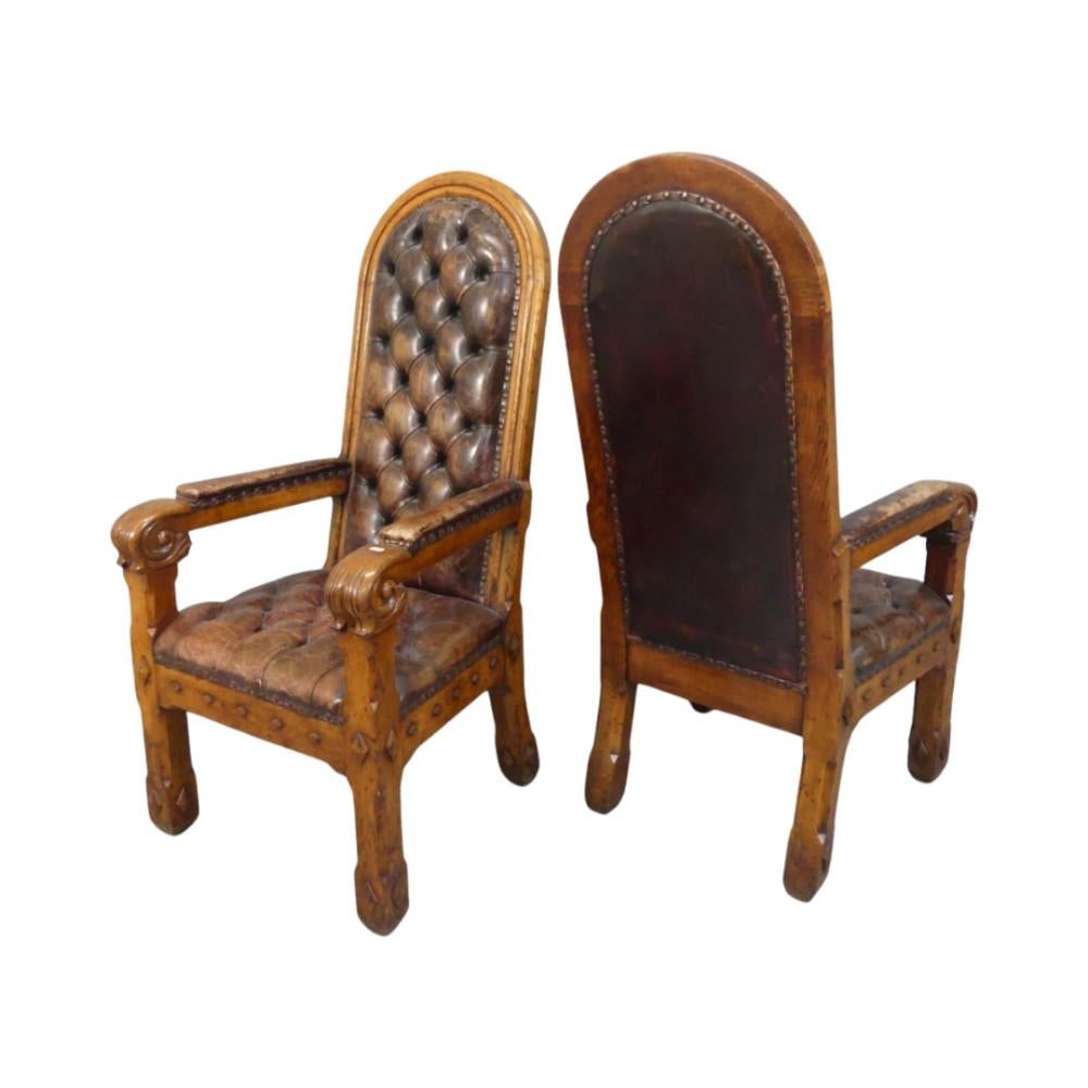 British Pair Of 19th Century Gothic Revival Throne Chairs / Armchairs For Sale