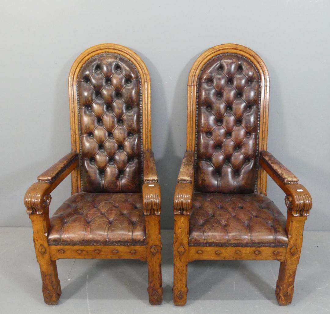 Hand-Carved Pair Of 19th Century Gothic Revival Throne Chairs / Armchairs For Sale