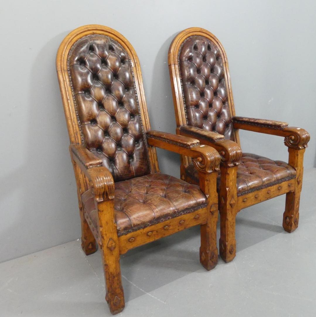 Pair Of 19th Century Gothic Revival Throne Chairs / Armchairs In Good Condition For Sale In Hoddesdon, GB