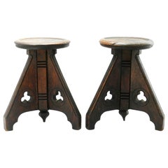 Antique Pair of 19th Century Gothic Stools Side Tables Country House Oak French