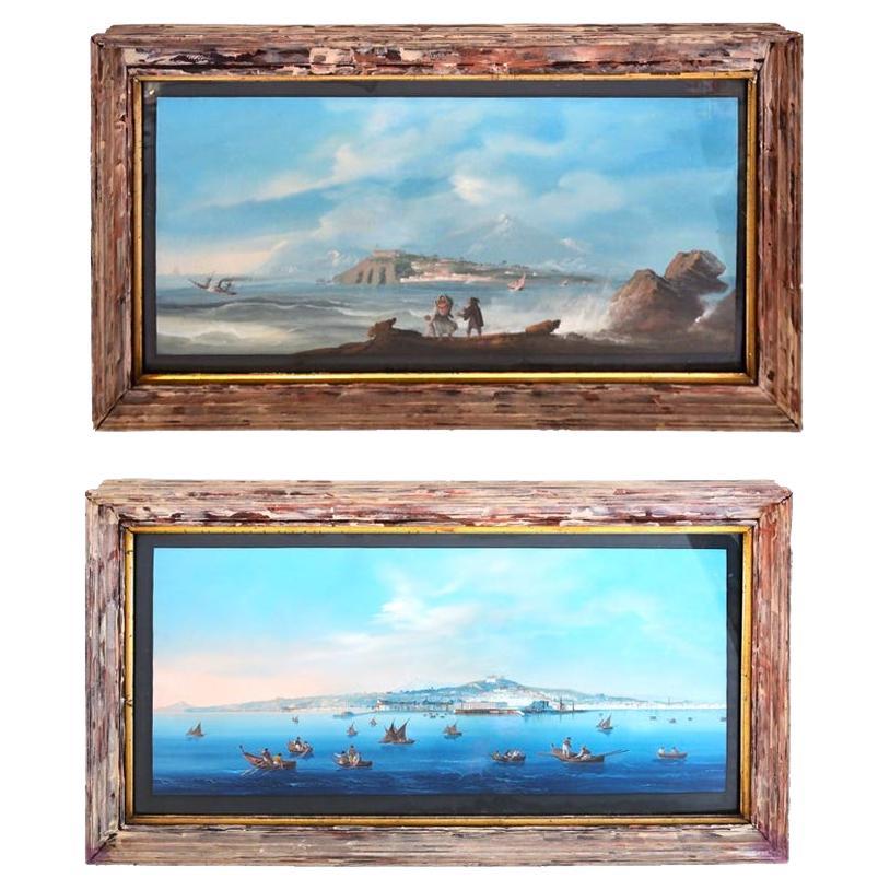 Paire de peintures à la gouache d'une scène de Naples du 19ème siècle 