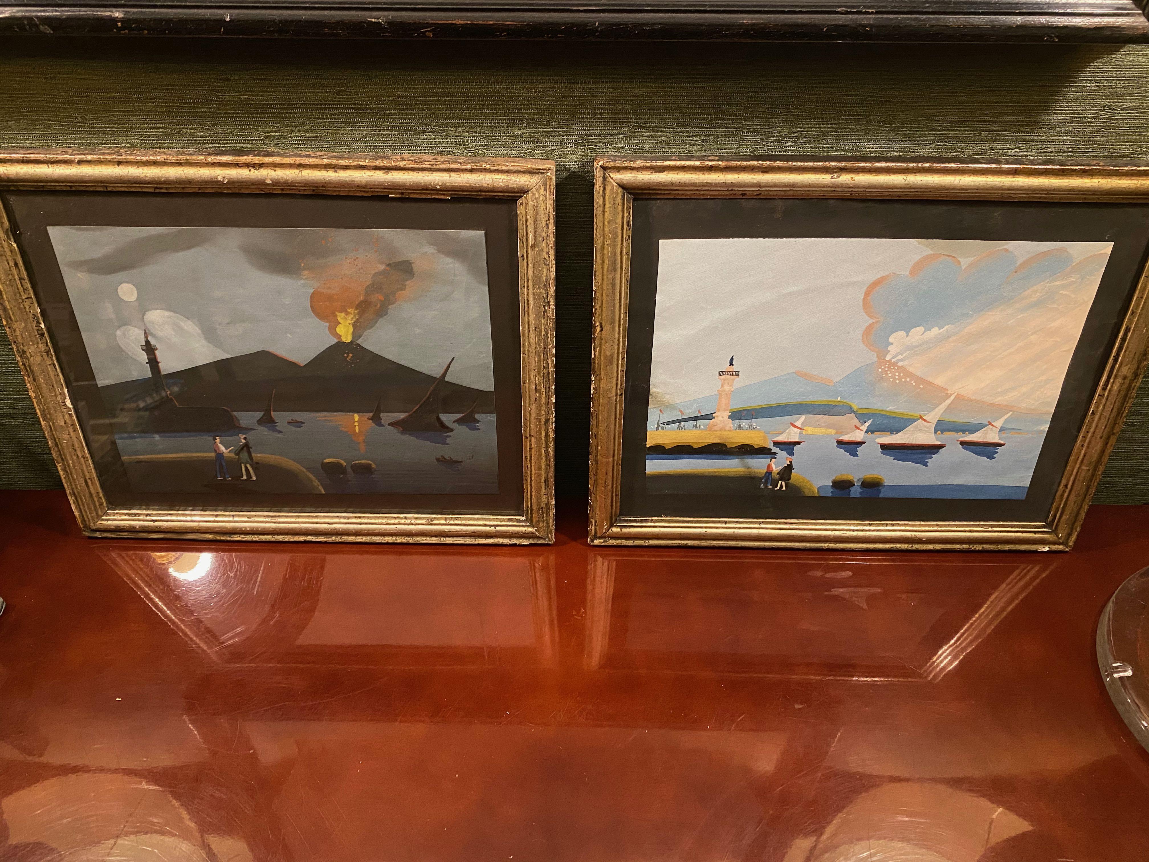 Pair of 19th Century Gouache Paintings of Vesuvius, Day and Night 7