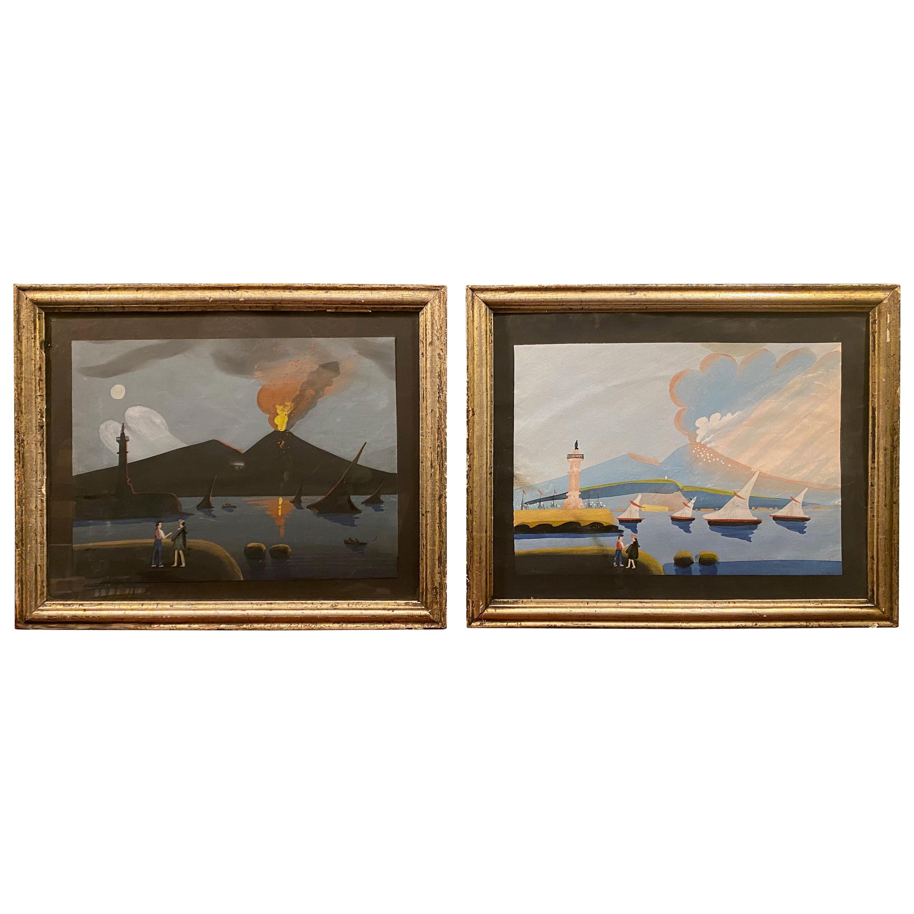 Pair of 19th Century Gouache Paintings of Vesuvius, Day and Night