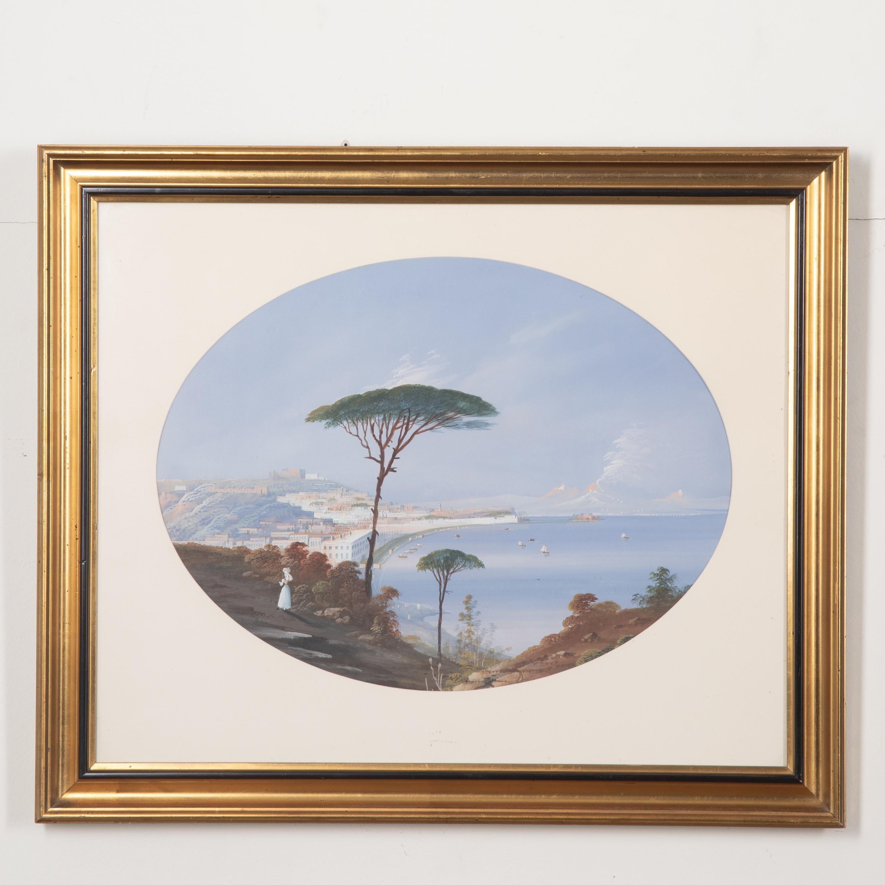 An early C19th pair of finely detailed gouaches, depicting unusual scenes of the bays of Naples and Sorrento. In charming light colours and excellent condition. Circa 1820.

H: 45 cm (17 3/4
