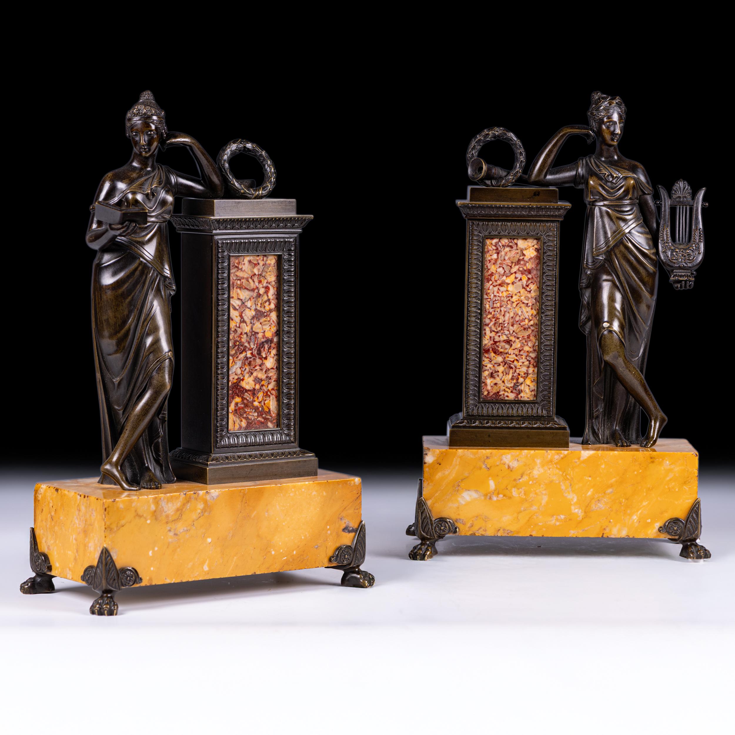 Neoclassical Pair of 19th Century Grand Tour Bronze Classical Figures on Sienna Marble Bases For Sale
