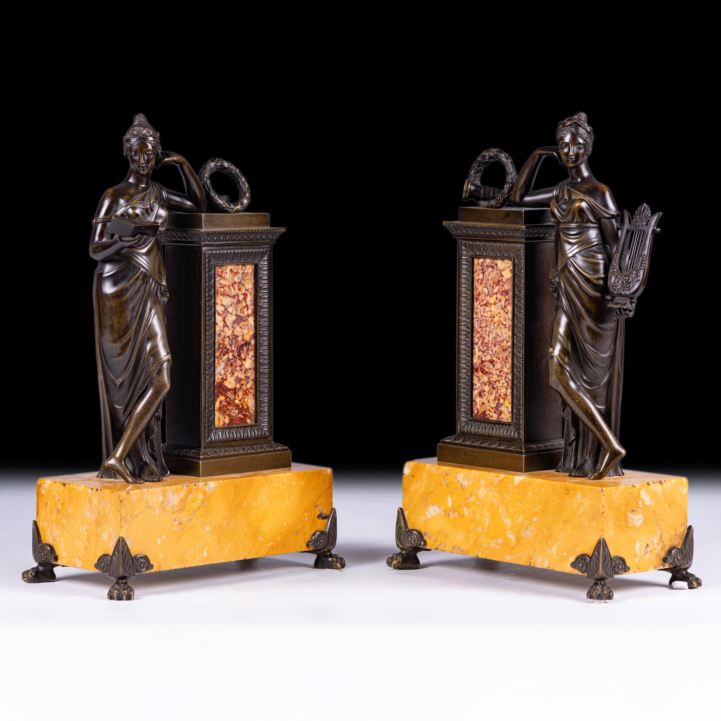 French Pair of 19th Century Grand Tour Bronze Classical Figures on Sienna Marble Bases For Sale