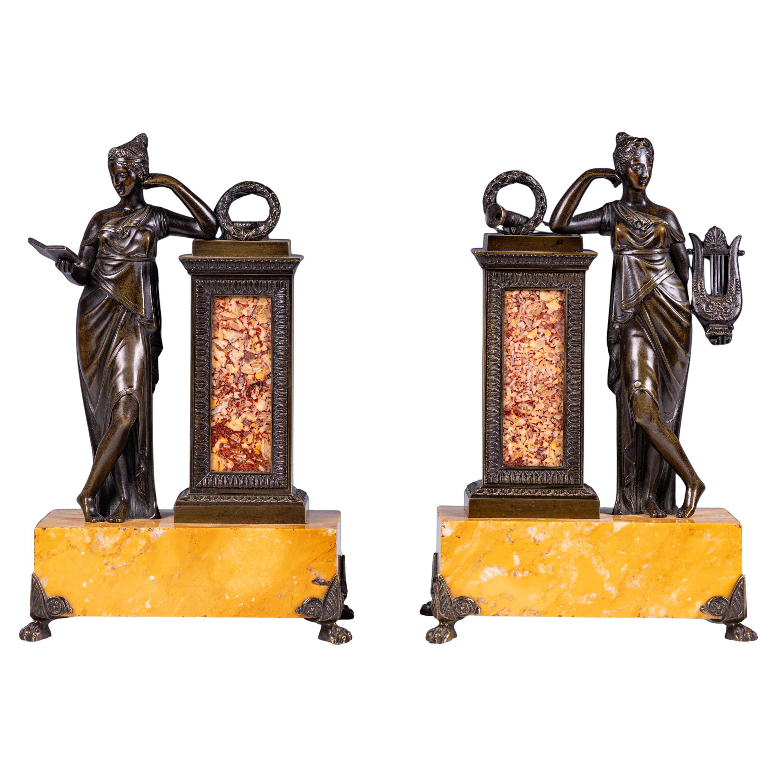 Pair of 19th Century Grand Tour Bronze Classical Figures on Sienna Marble Bases For Sale