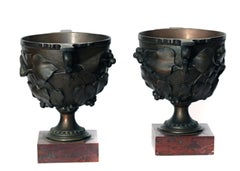 Pair of 19th Century Grand Tour Bronze Oversized Wine Cups, on Marble Base