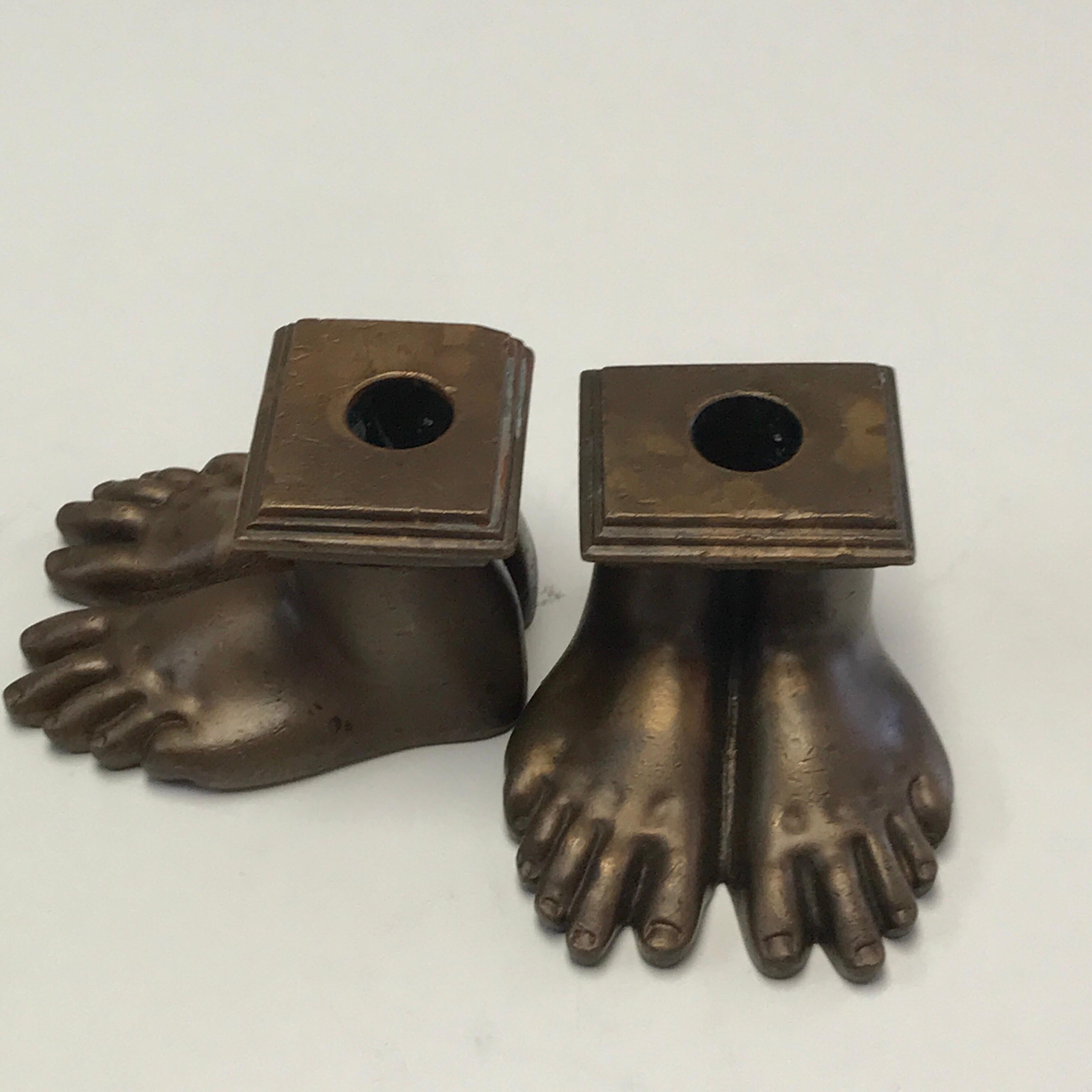 Pair of 19th Century Grand Tour Roman Feet Bronze Candlesticks For Sale 4