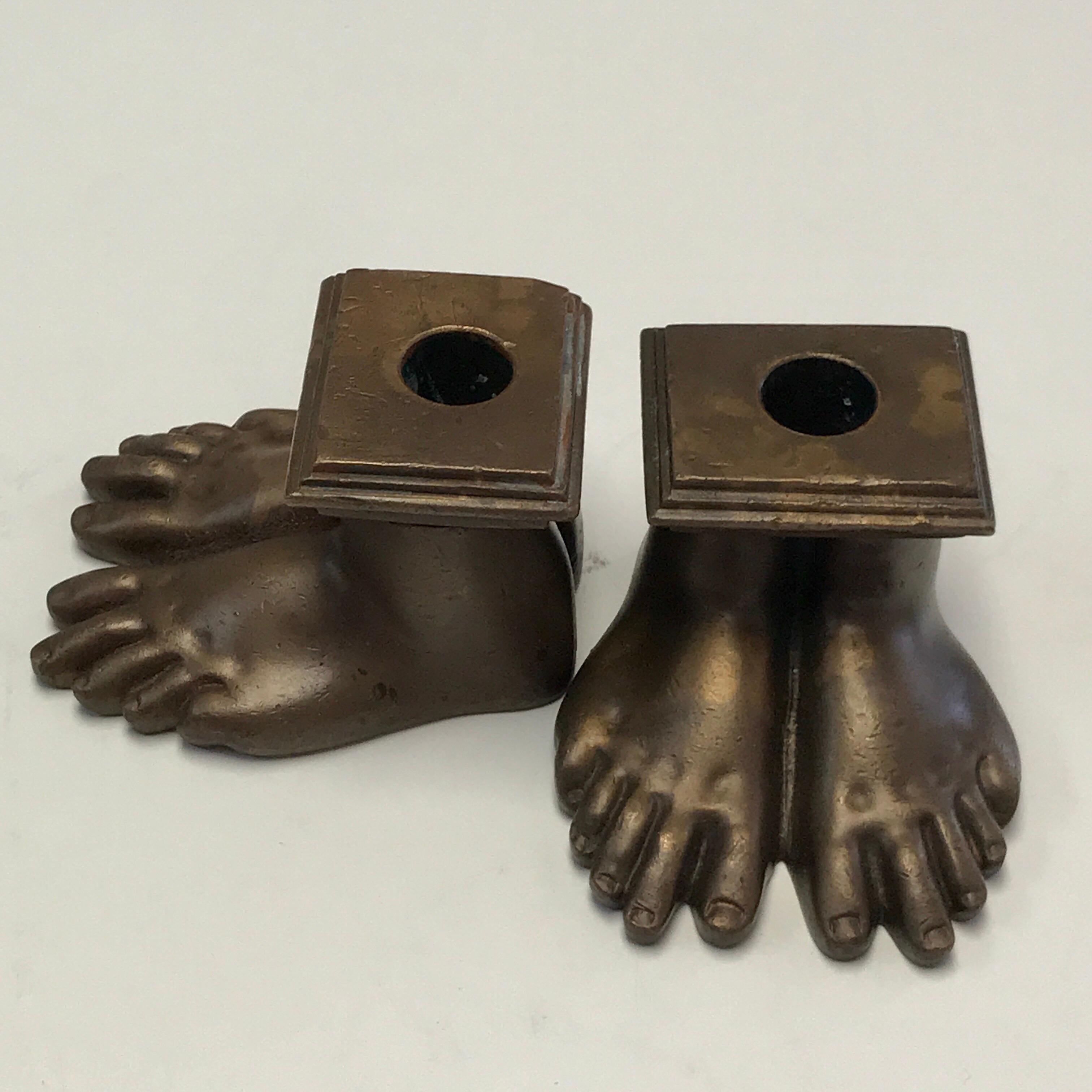 Pair of 19th Century Grand Tour Roman Feet Bronze Candlesticks For Sale 5
