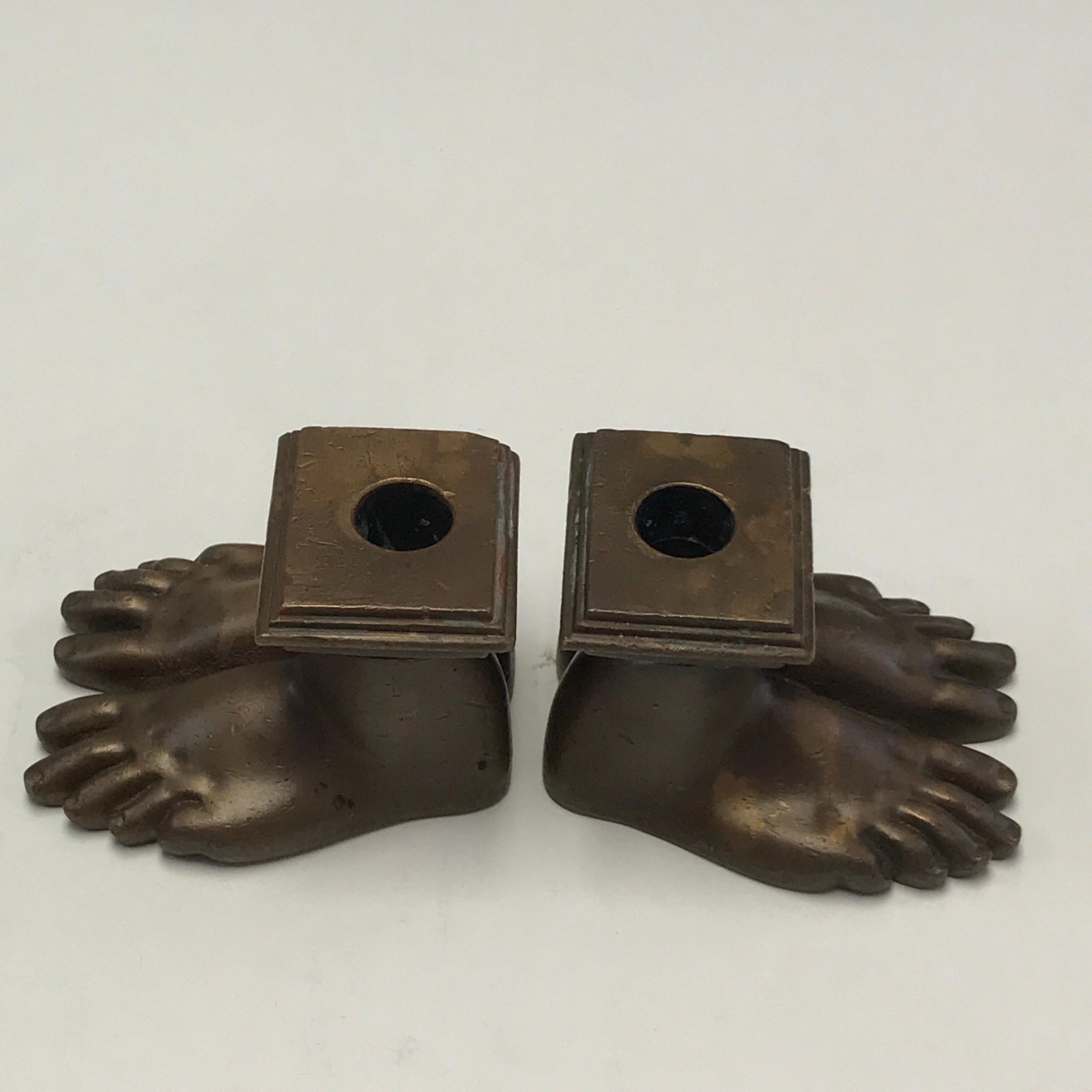 Pair of 19th Century Grand Tour Roman Feet Bronze Candlesticks For Sale 6