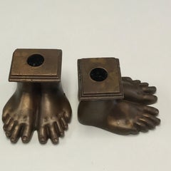 Pair of 19th Century Grand Tour Roman Feet Bronze Candlesticks