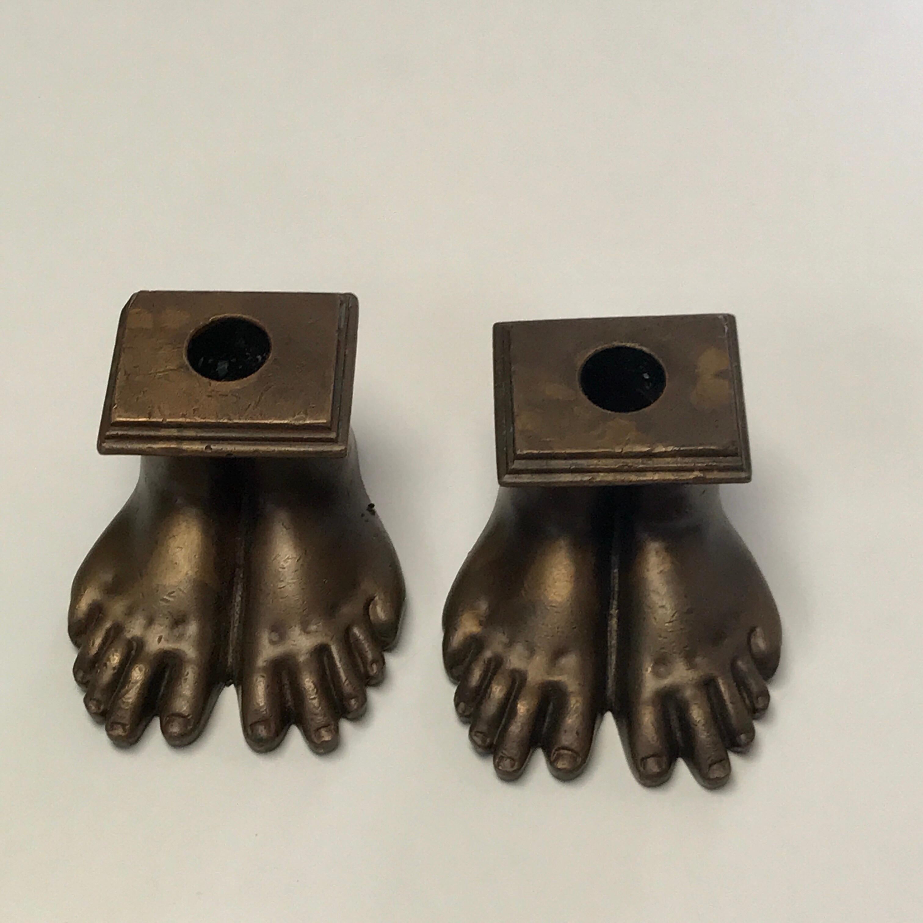 Pair of 19th Century Grand Tour Roman Feet Bronze Candlesticks For Sale 1