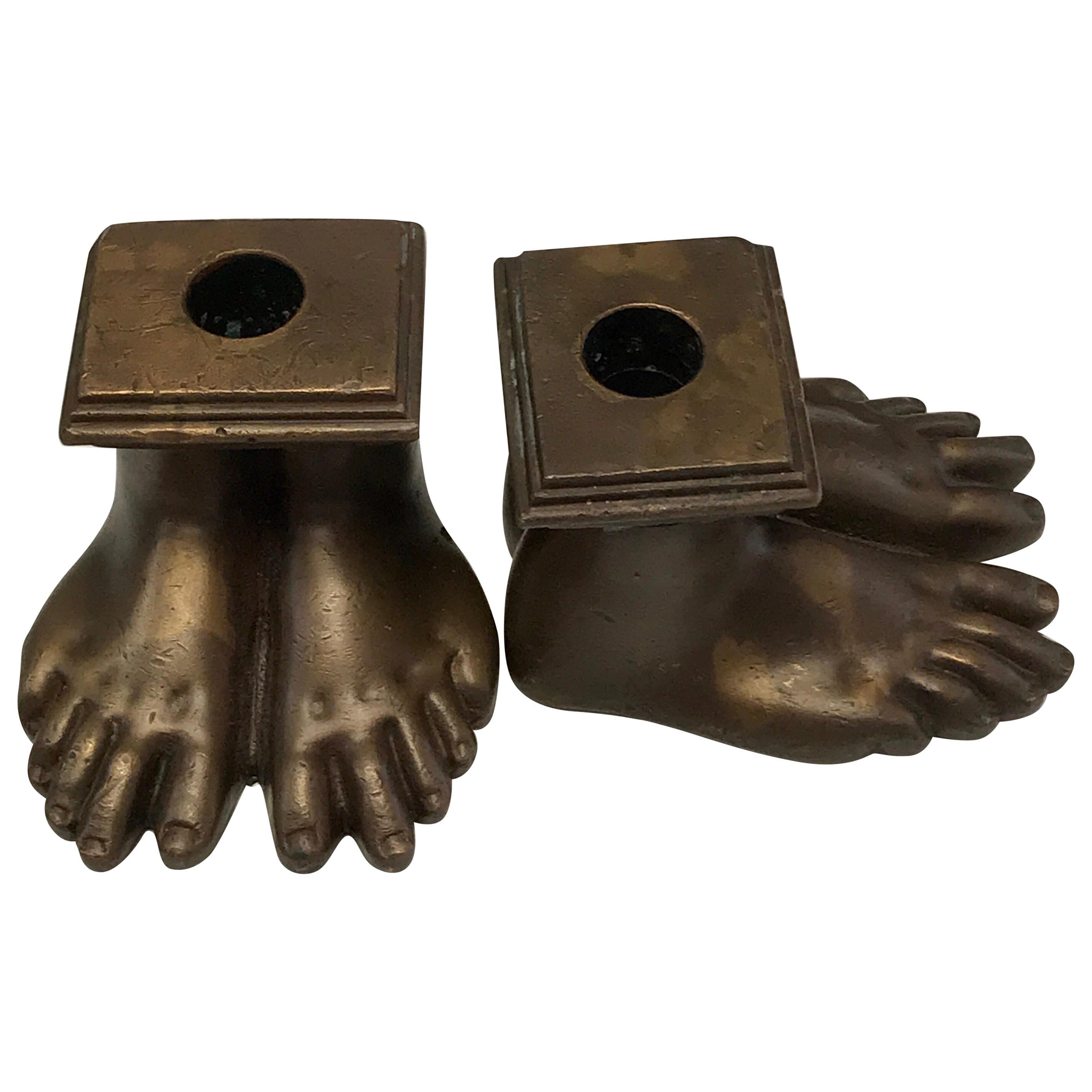Pair of 19th Century Grand Tour Roman Feet Bronze Candlesticks