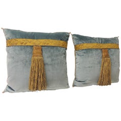 Pair of 19th Century Green and Gold Silk Velvet Decorative Pillows with Tassels