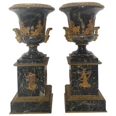 Pair of 19th Century Green Bronze and Marble Urns
