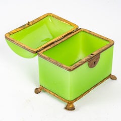 Pair of 19th Century Green Opaline Enameled Vases and Box