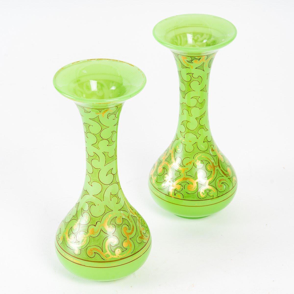 Napoleon III Pair of 19th Century Green Opaline Enameled Vases and Box