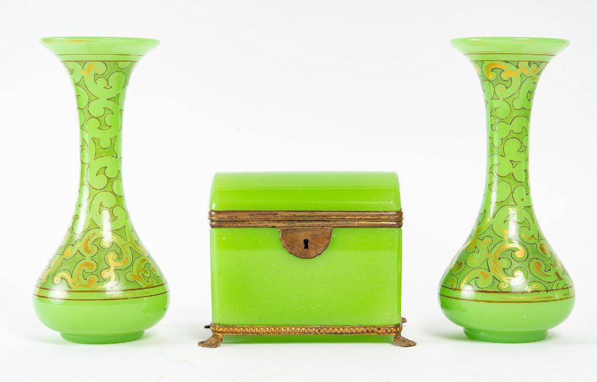 Brass Pair of 19th Century Green Opaline Enameled Vases and Box