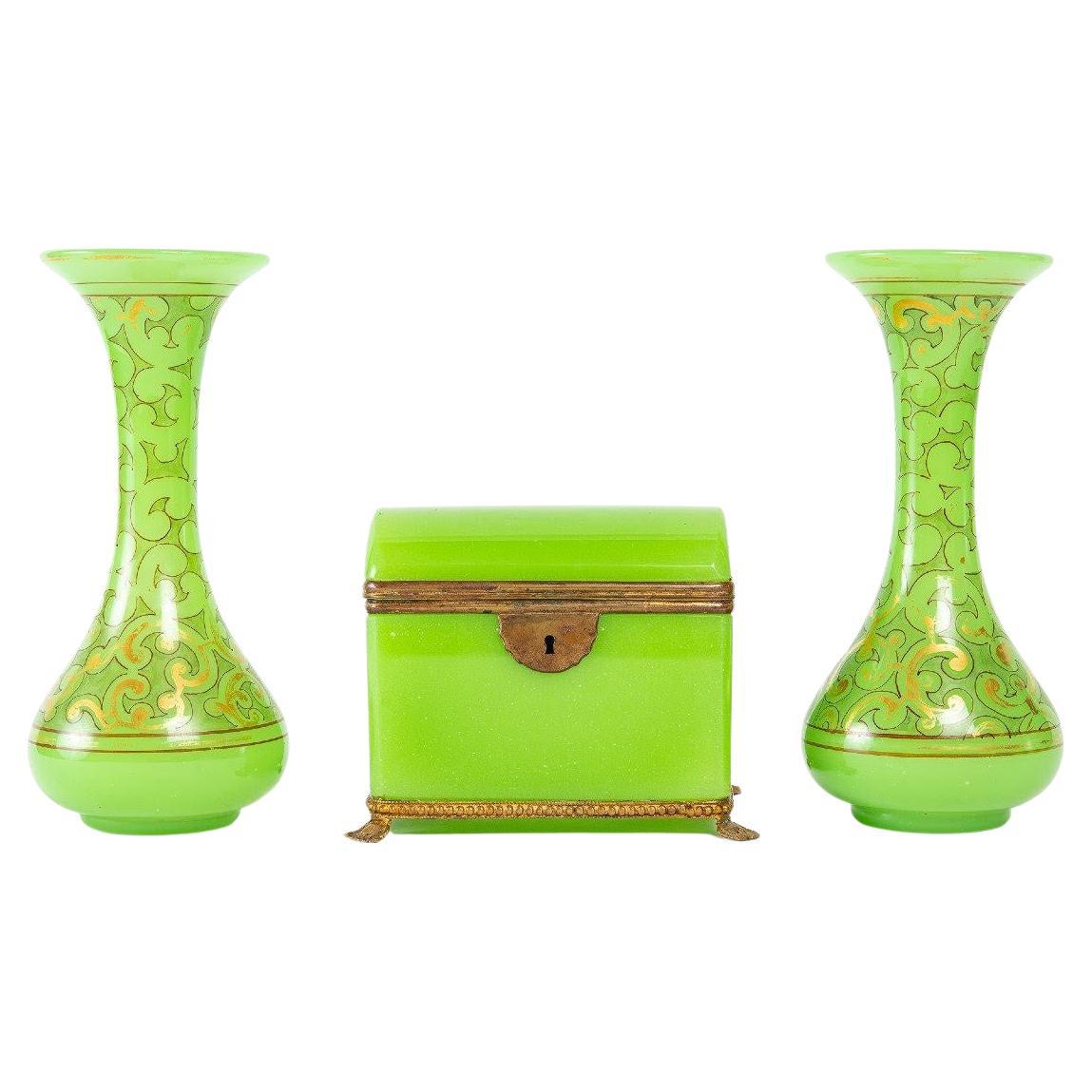 Pair of 19th Century Green Opaline Enameled Vases and Box