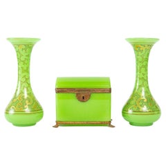 Pair of 19th Century Green Opaline Enameled Vases and Box