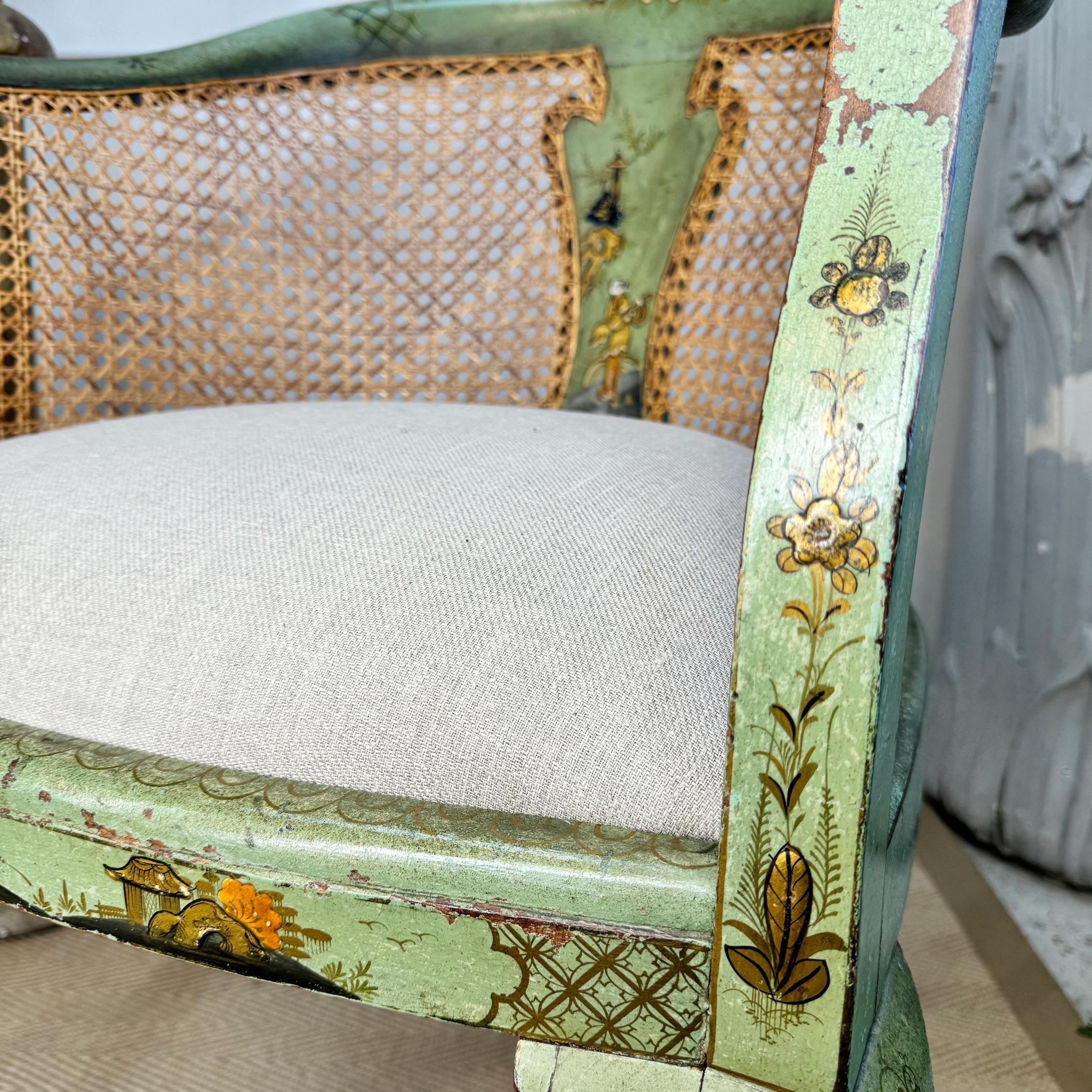 Pair of 19th Century Green Queen Anne Revival Chinoiserie Bergere Chairs For Sale 5