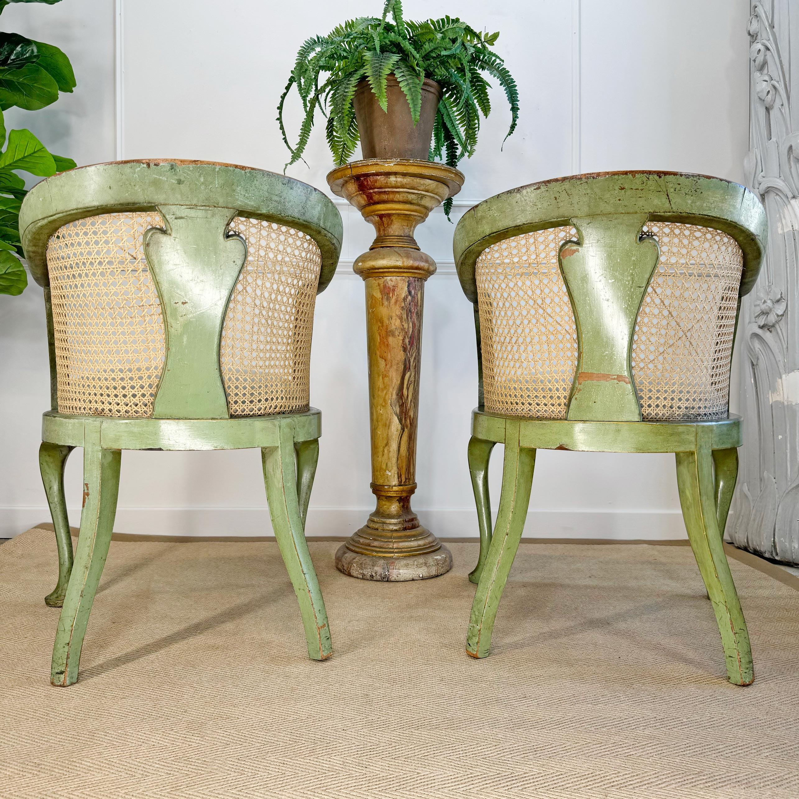 Pair of 19th Century Green Queen Anne Revival Chinoiserie Bergere Chairs For Sale 6