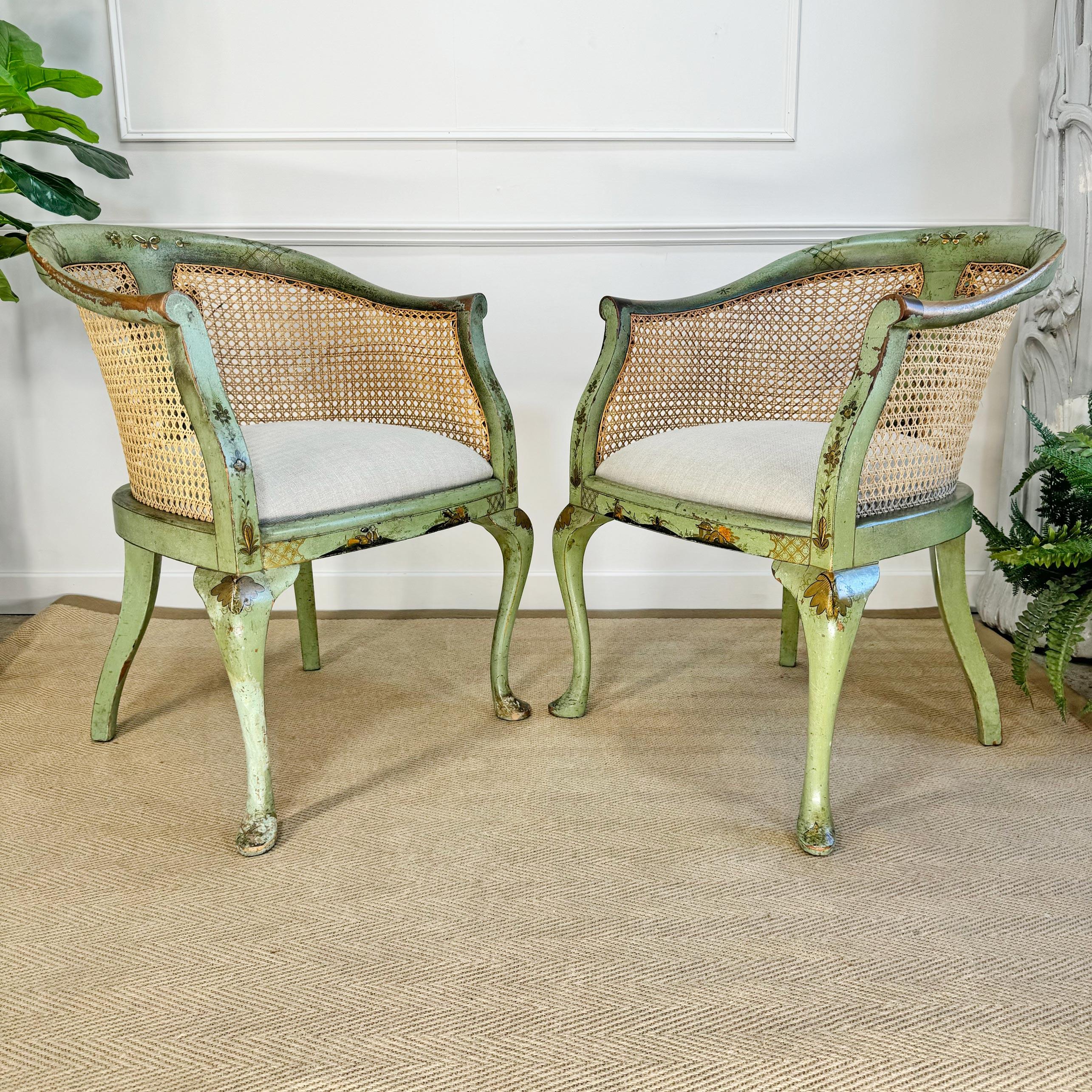 Pair of 19th Century Green Queen Anne Revival Chinoiserie Bergere Chairs For Sale 8