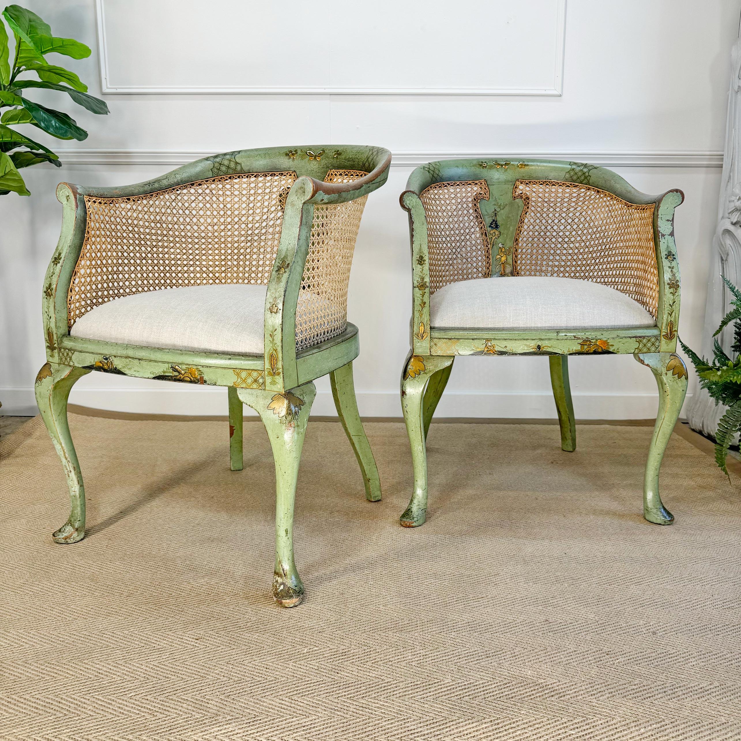 Hand-Crafted Pair of 19th Century Green Queen Anne Revival Chinoiserie Bergere Chairs For Sale