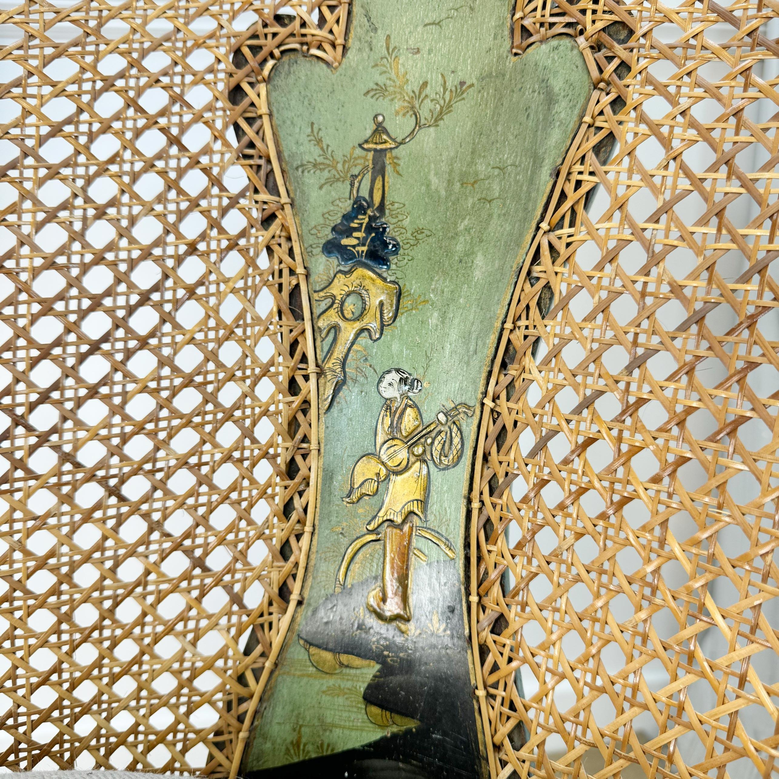 Pair of 19th Century Green Queen Anne Revival Chinoiserie Bergere Chairs In Good Condition For Sale In Hastings, GB