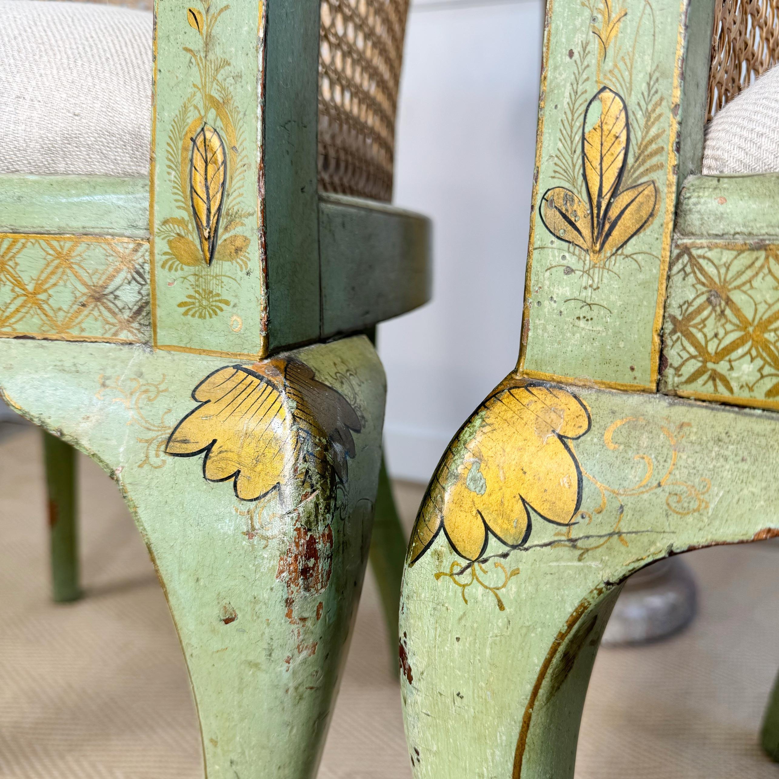 Wood Pair of 19th Century Green Queen Anne Revival Chinoiserie Bergere Chairs For Sale