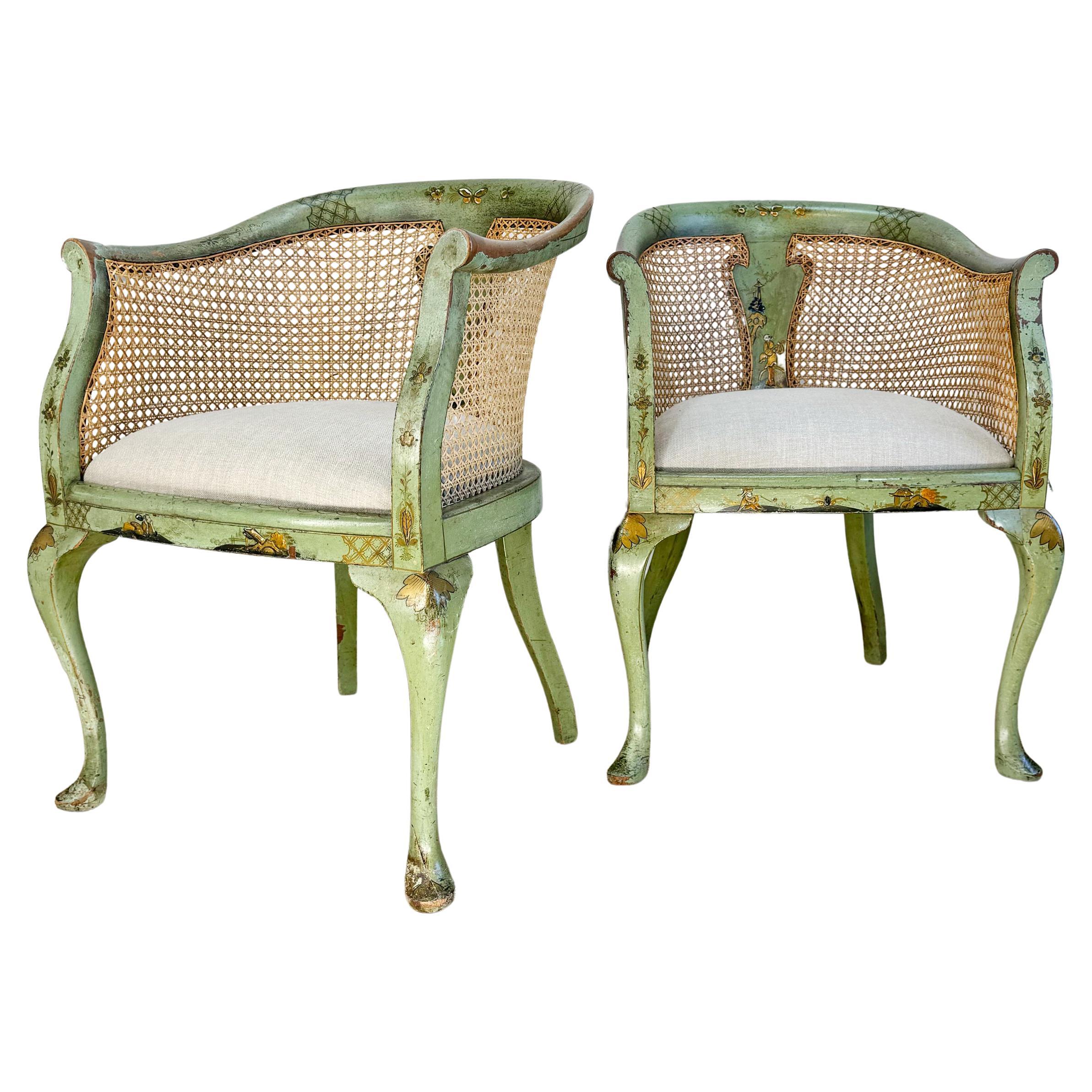 Pair of 19th Century Green Queen Anne Revival Chinoiserie Bergere Chairs For Sale