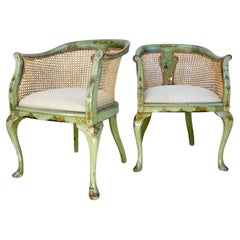 Antique Pair of 19th Century Green Queen Anne Revival Chinoiserie Bergere Chairs