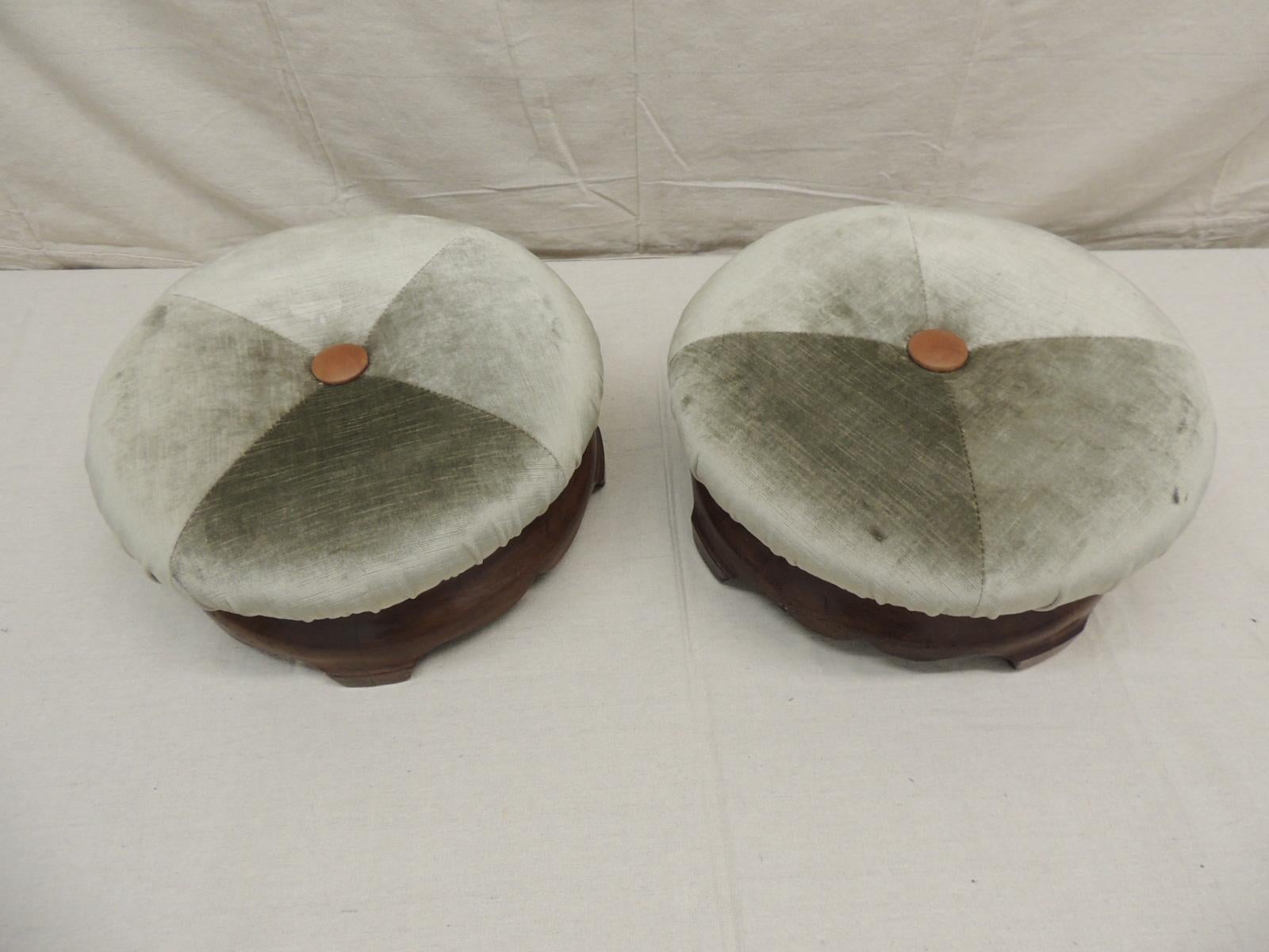 Art Nouveau Pair of 19th Century Green Velvet Upholstered Round Footstools