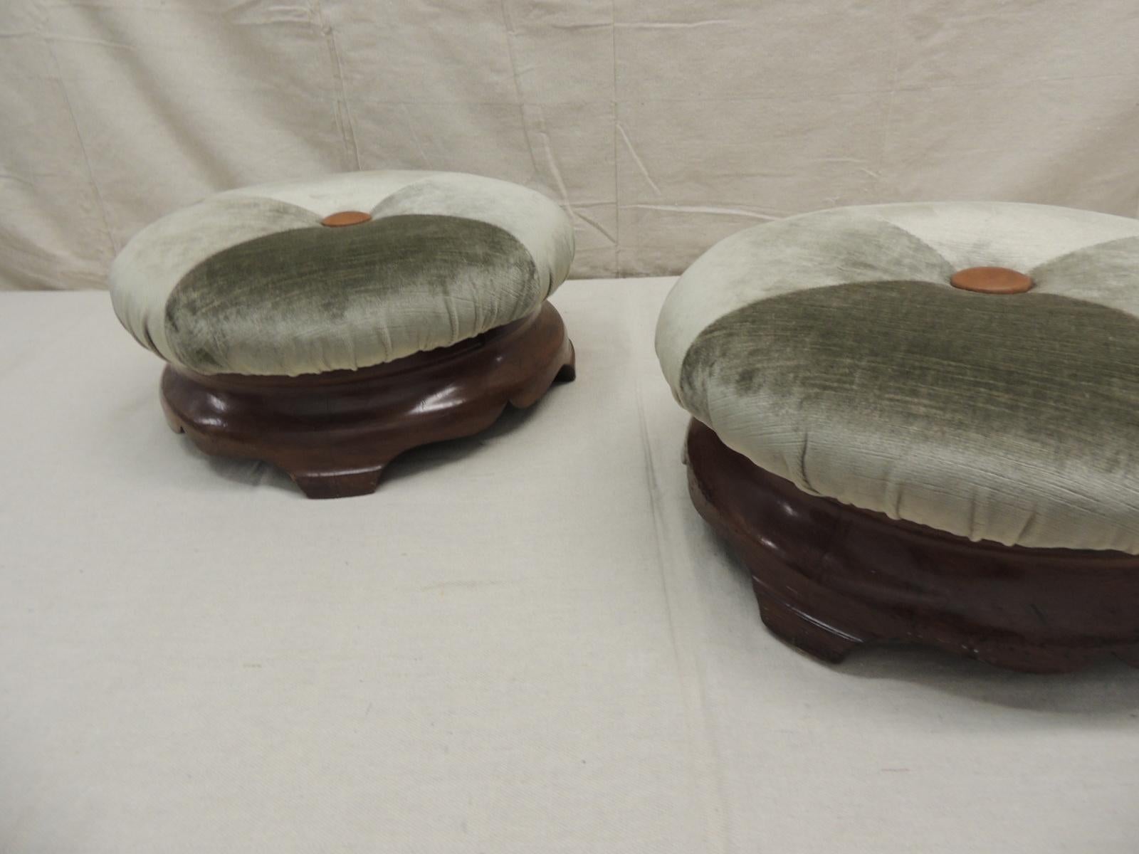 Silk Pair of 19th Century Green Velvet Upholstered Round Footstools