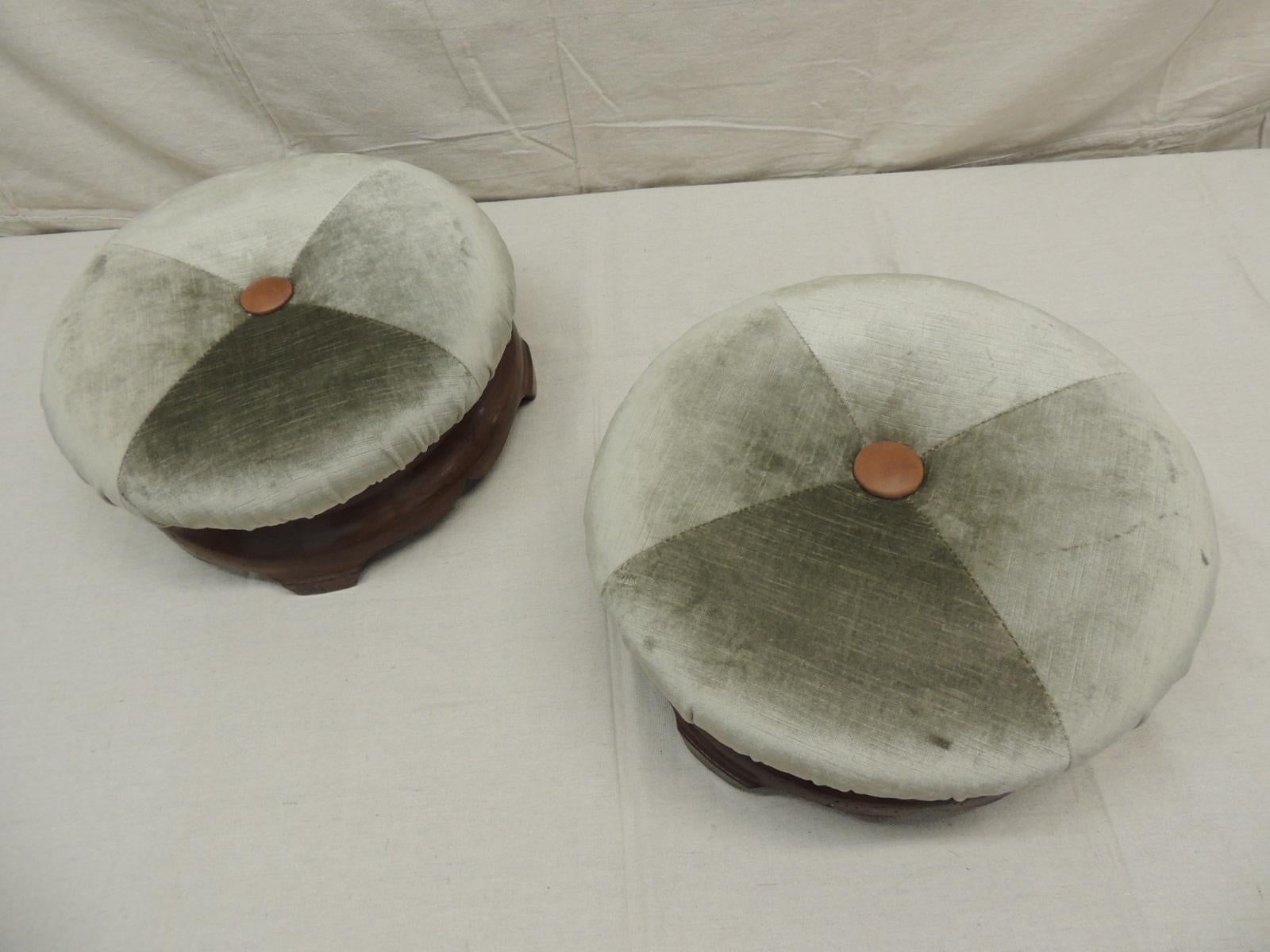 Pair of 19th Century Green Velvet Upholstered Round Footstools 1