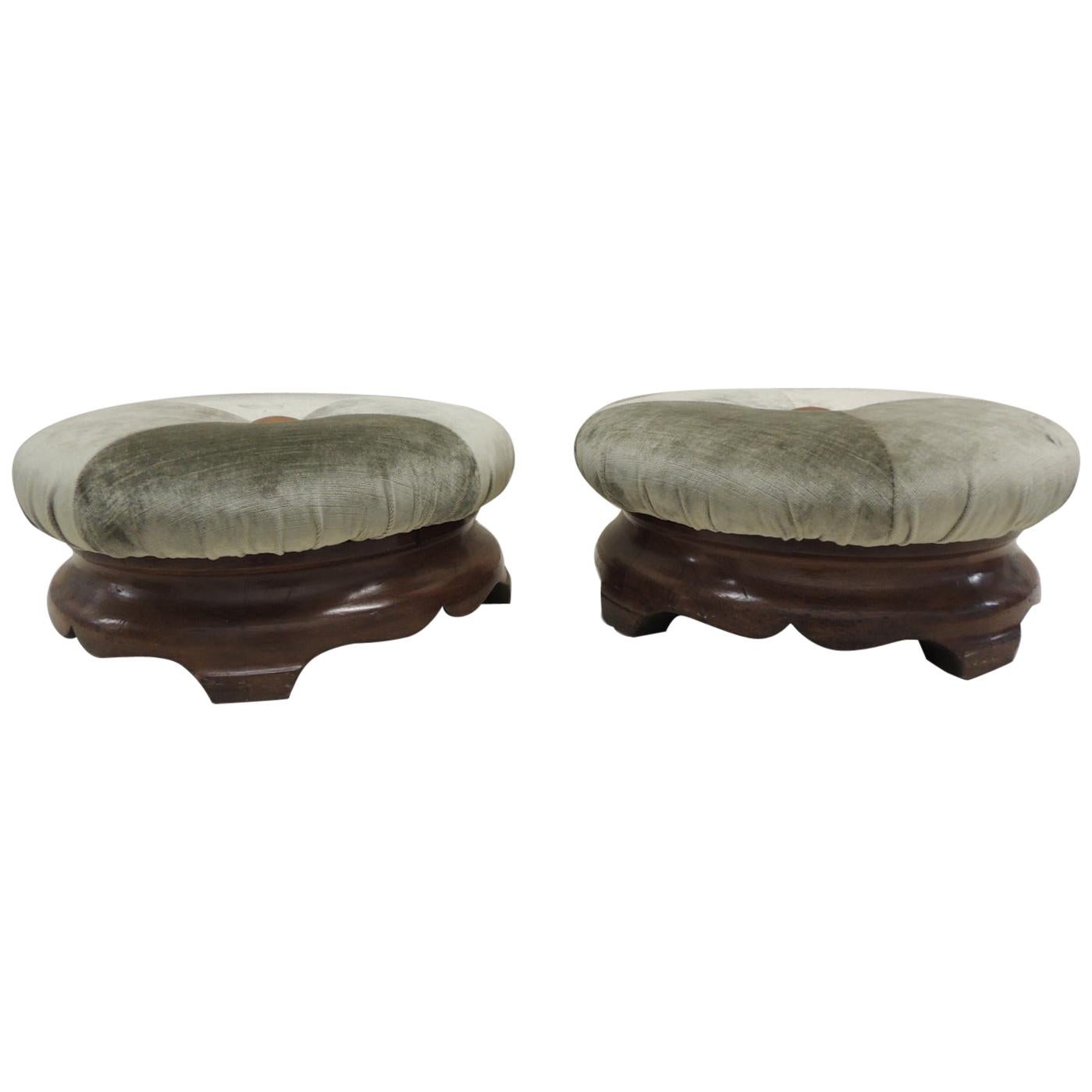 Pair of 19th Century Green Velvet Upholstered Round Footstools