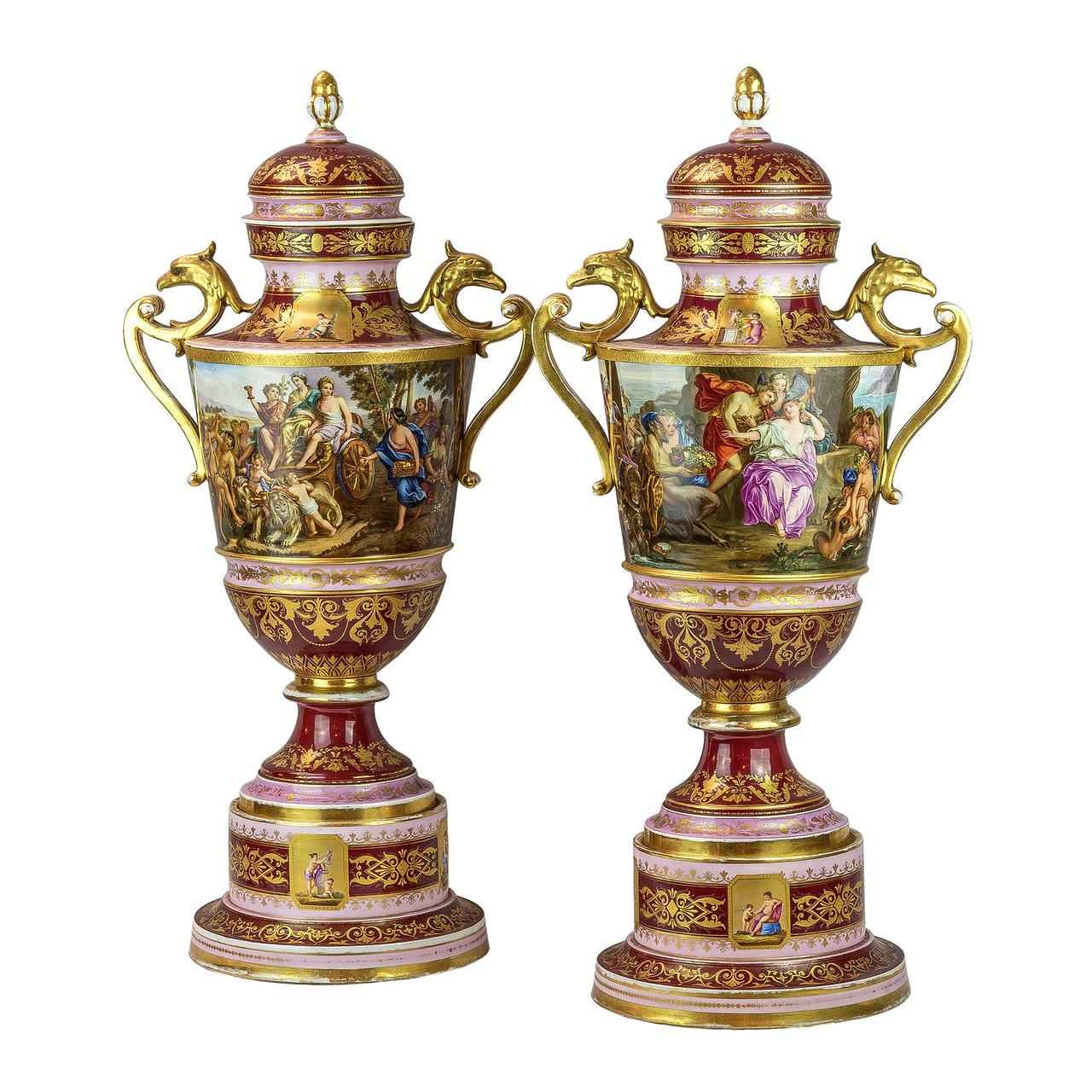 Pair of 19th Century Ground Royal Vienna Allegorical Porcelain Vases