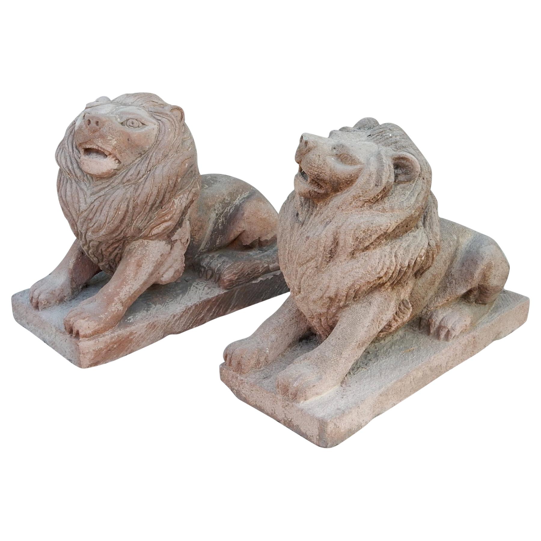 Pair of 19th Century Hand Carved Brownstone Garden Lions Statues
