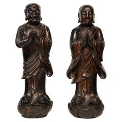 Antique Pair of 19th Century Hand-Carved Buddhist Monks