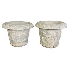 Pair of 19th Century Hand-Carved Carrara Marble Urn Planters, Italy