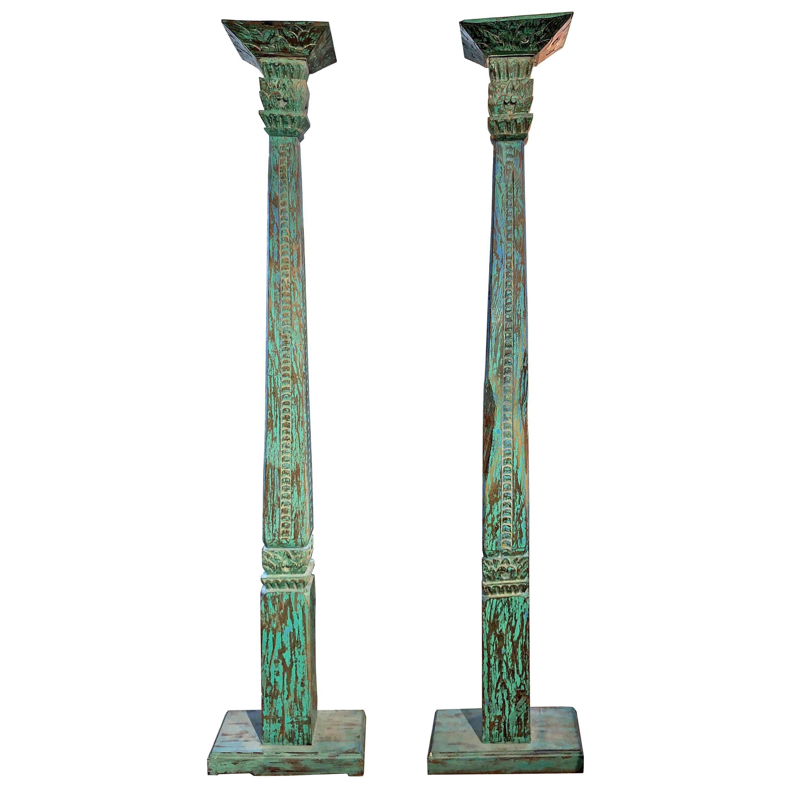 Pair of 19th Century Hand Carved Indonesian Teak Columns with Original Paint
