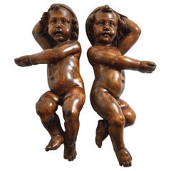 Pair of 19th Century Hand Carved Italian Walnut Cherubs