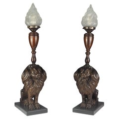 Antique Pair of 19th Century Hand-Carved Oak Lion Table Lamps