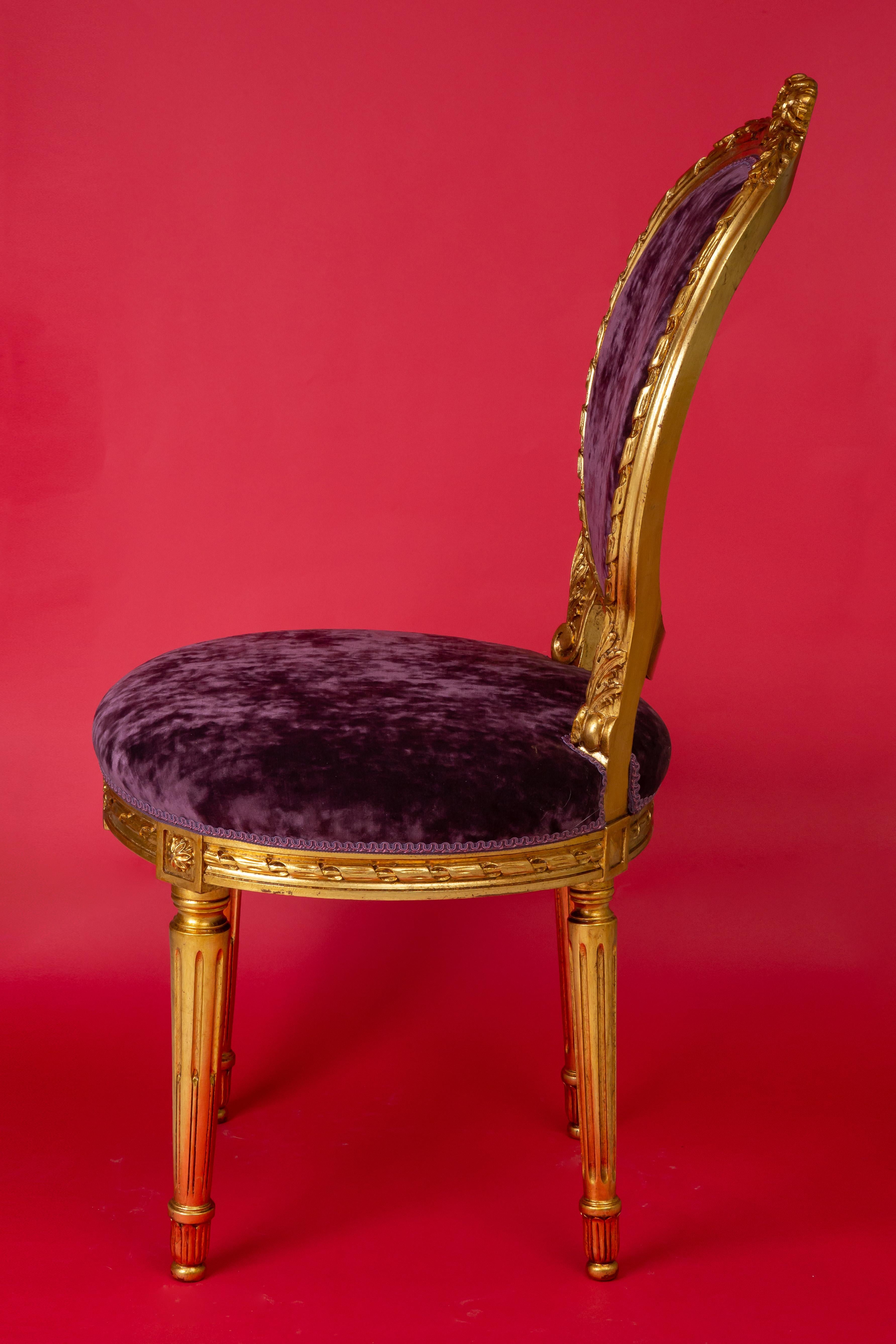 Pair of 19th Century Hand Carved with elegant Purple Velvet Chairs French Style 1