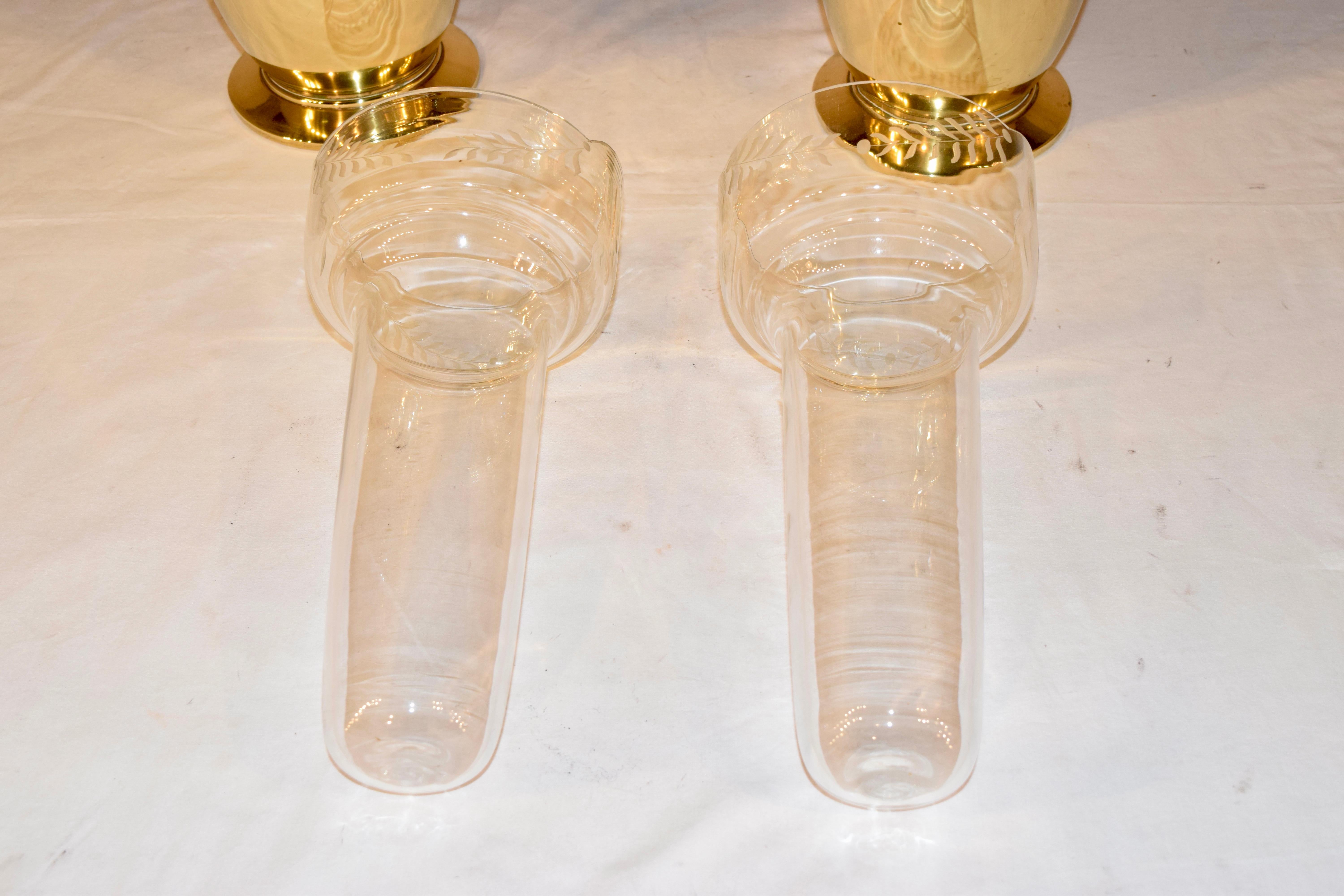 Pair of 19th Century Hand Cast Brass Vases with Glass Inserts For Sale 5