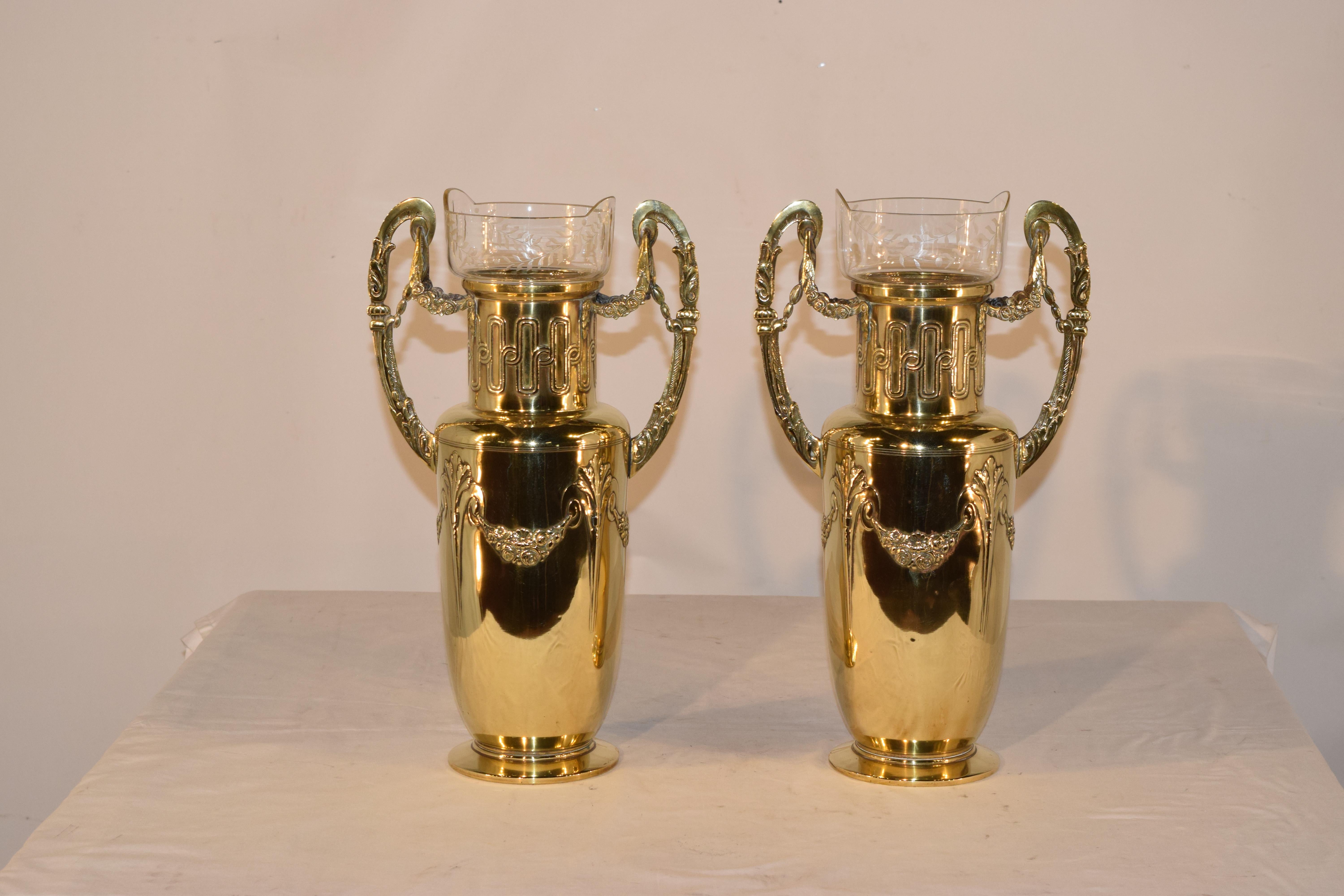 Art Nouveau Pair of 19th Century Hand Cast Brass Vases with Glass Inserts For Sale