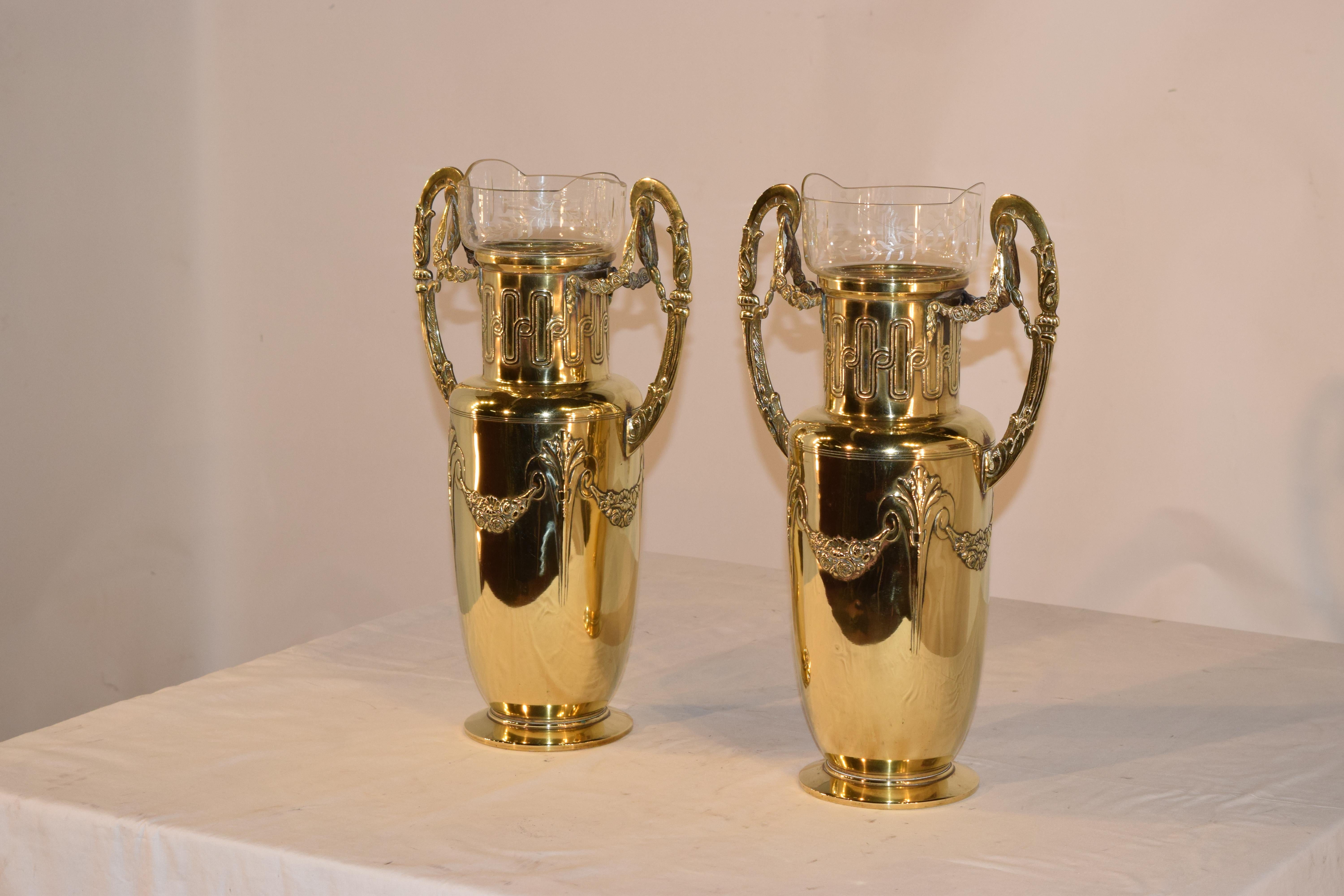 French Pair of 19th Century Hand Cast Brass Vases with Glass Inserts For Sale