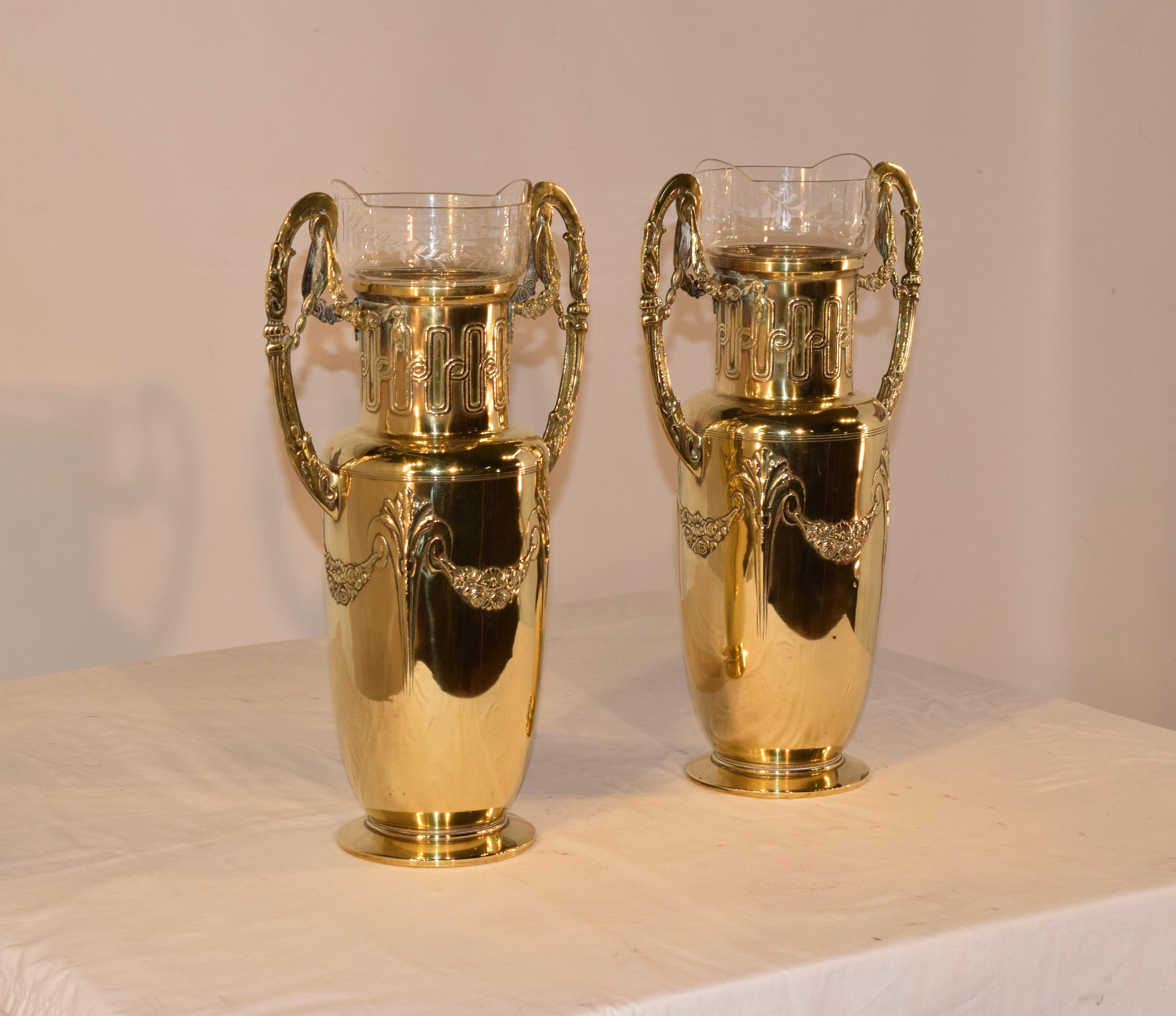 Pair of 19th Century Hand Cast Brass Vases with Glass Inserts In Good Condition For Sale In High Point, NC