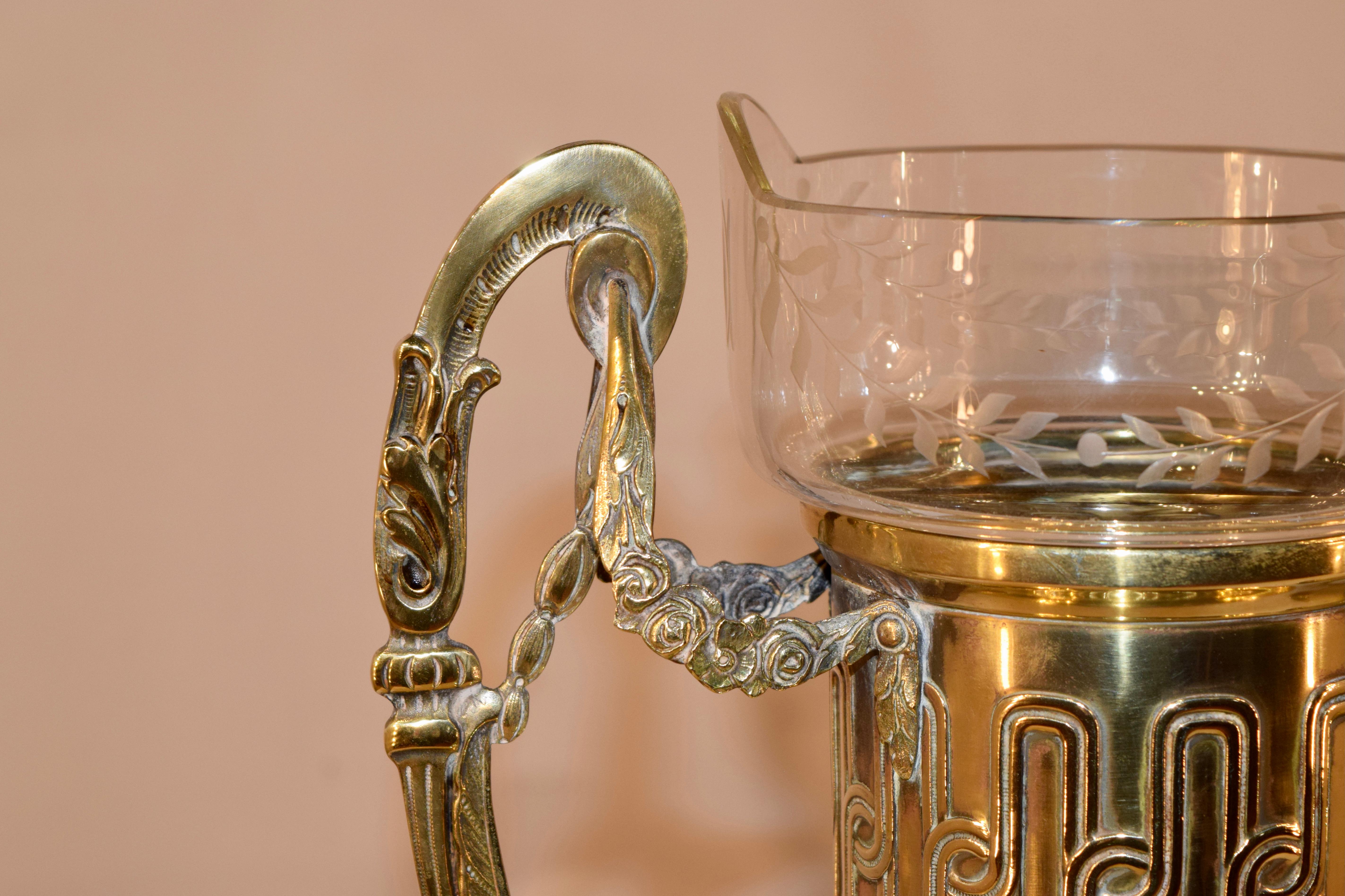 Pair of 19th Century Hand Cast Brass Vases with Glass Inserts For Sale 1